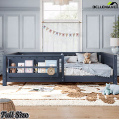 Blue kids floor bed frame with bookshelf and low profile design
