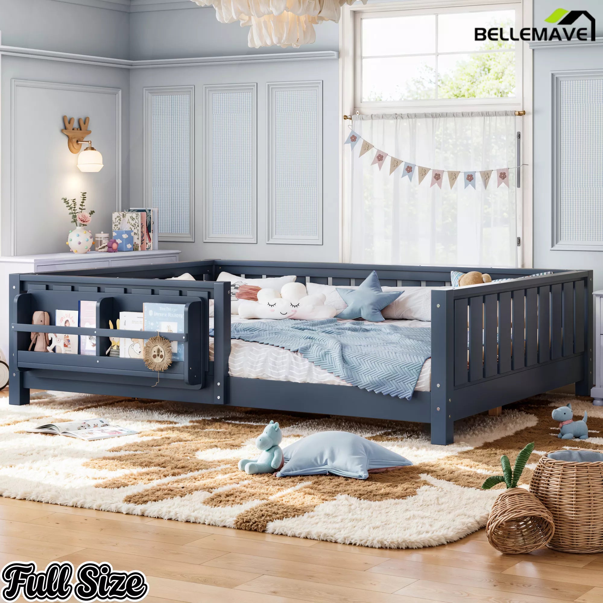 Blue Montessori floor bed with secure guardrail design for children