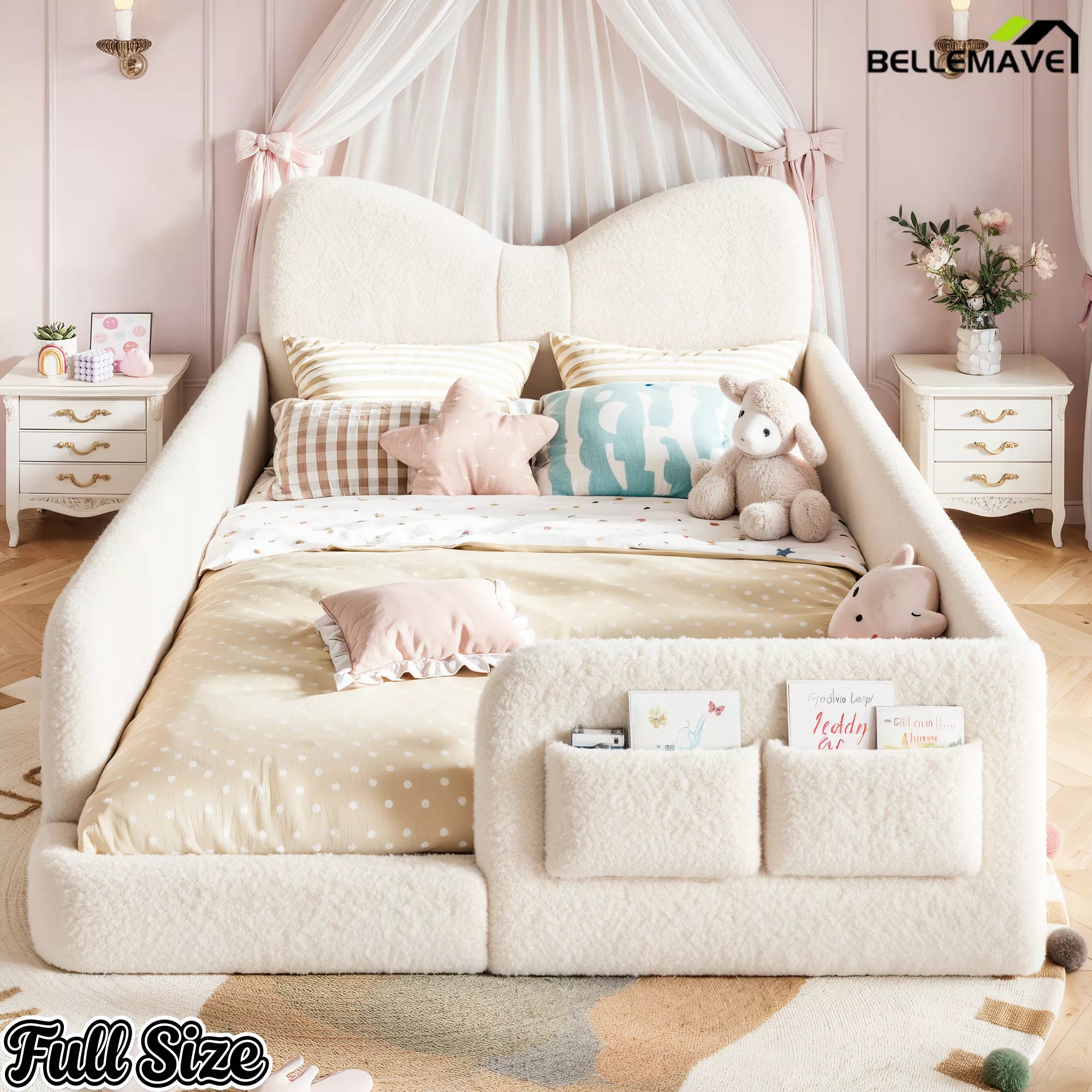 full size kids upholstered platform bed with bow shaped headboard