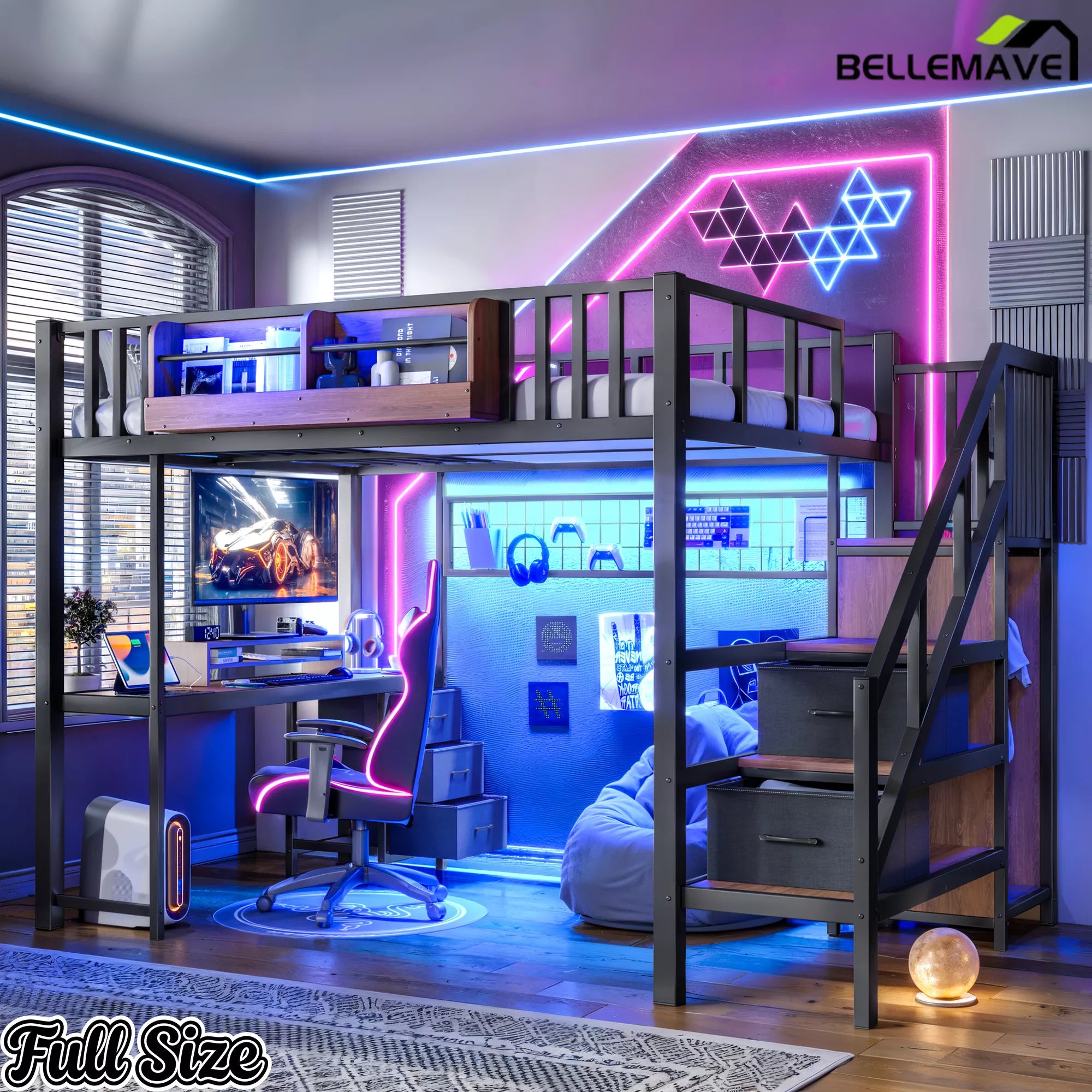 Black Full Size Loft Bed Gaming and Study Setup