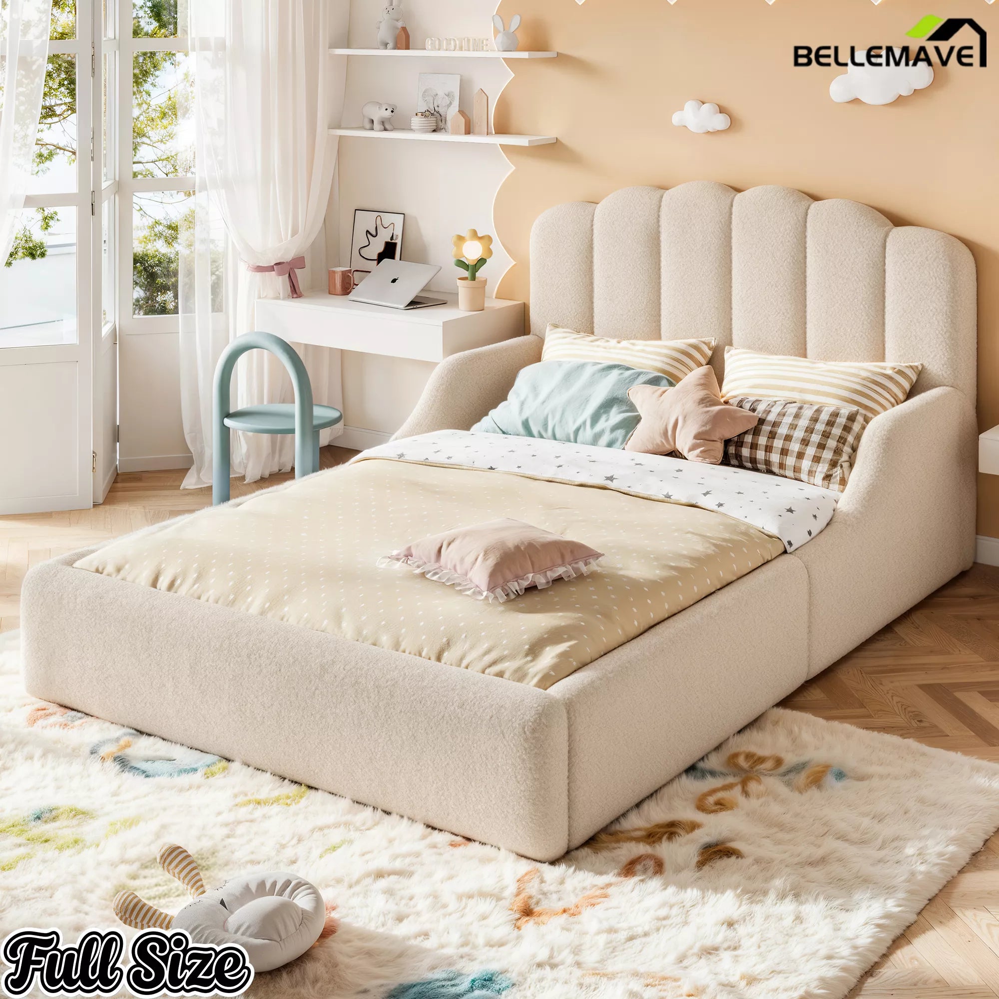 Full Size Kids Floor Bed with Teddy Fabric Upholstery