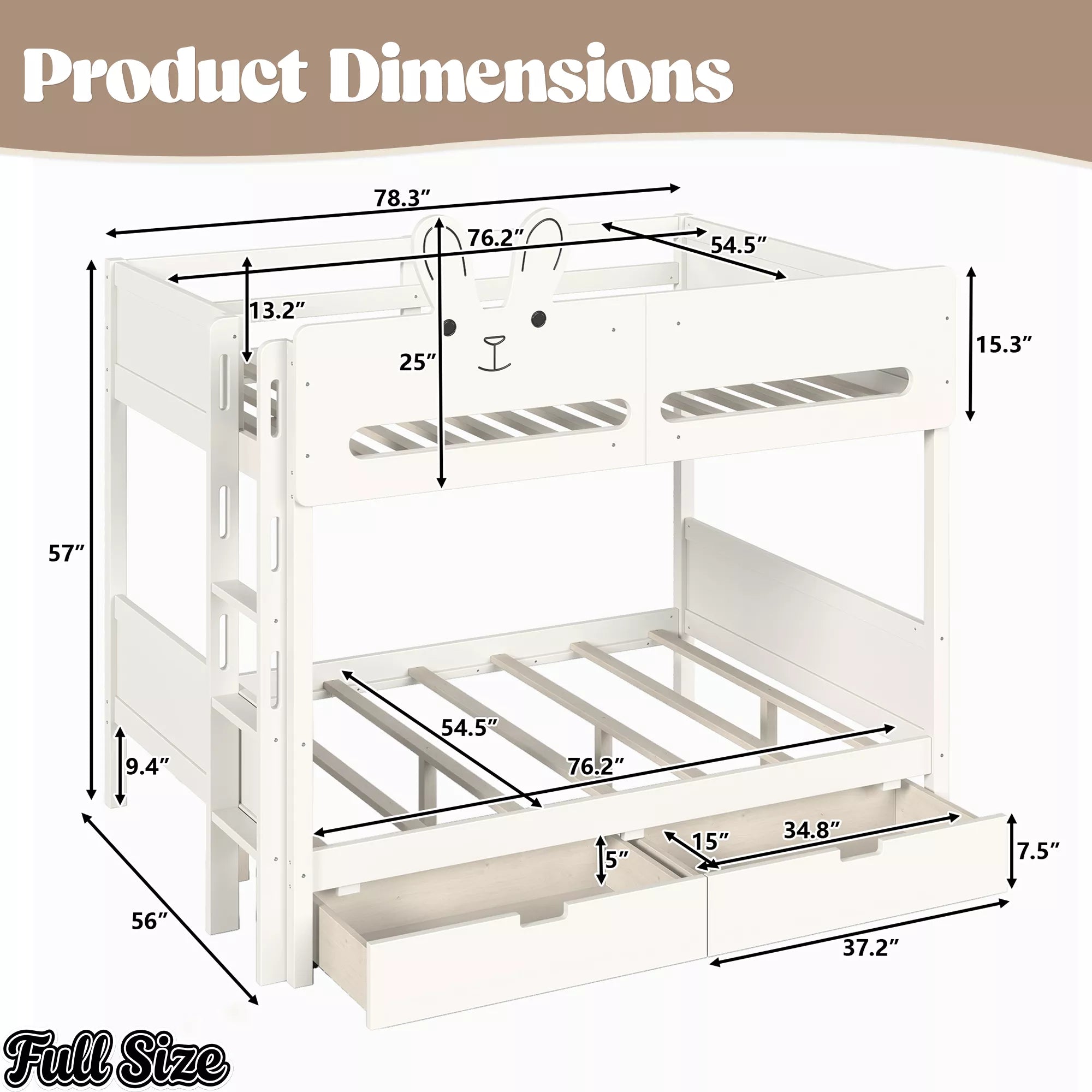 Full-size white rabbit headboard bunk bed with dimensions diagram