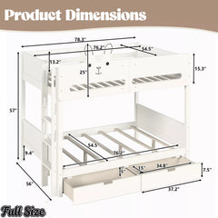 Full-size white rabbit headboard bunk bed with dimensions diagram