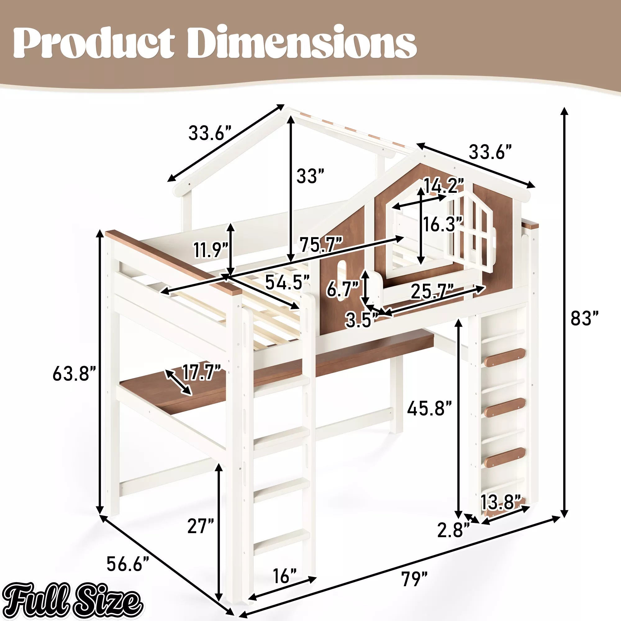 Full Size house loft bed dimension diagram showing overall height, sleeping area, desk, and staircase measurements
