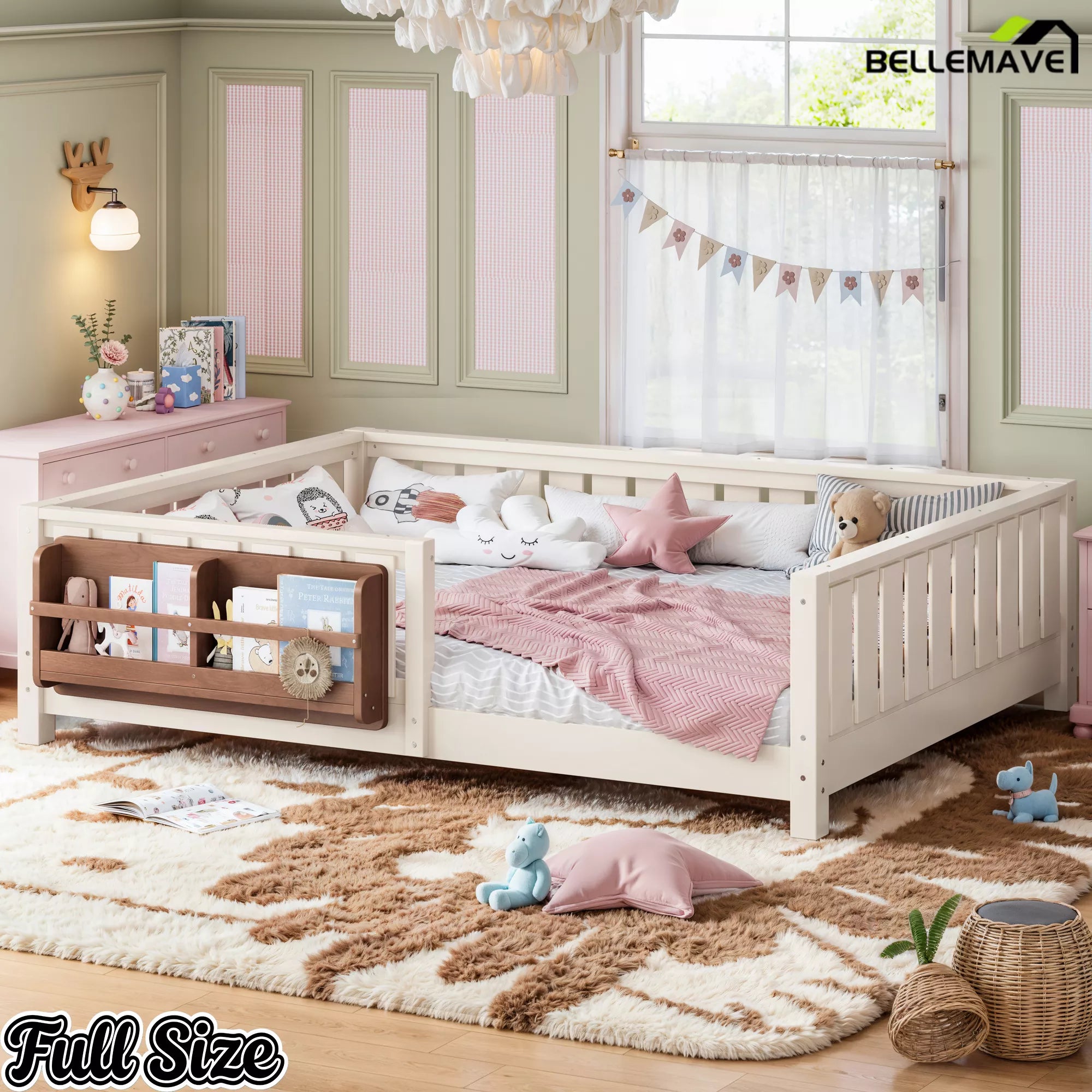 Full size Montessori floor bed with bookshelf and safety rails