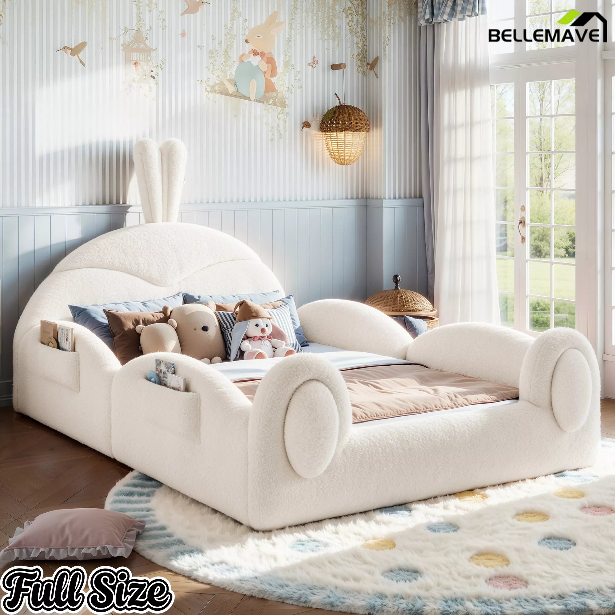 Full size kids upholstered floor bed with rabbit headboard