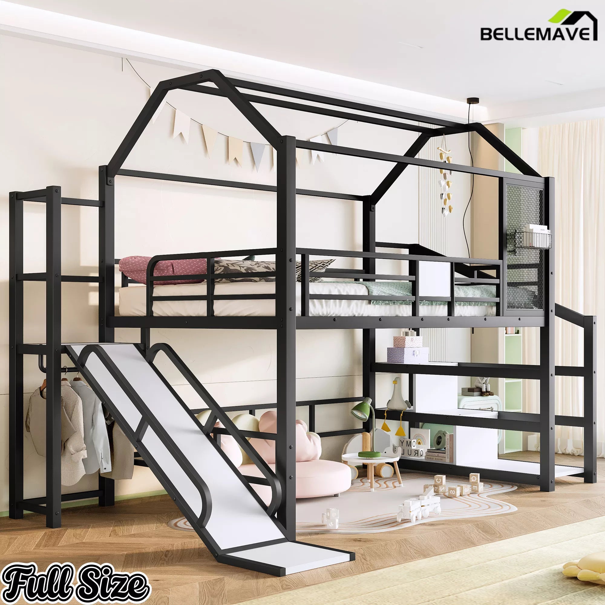 Full size house loft bed with slide and stairs for kids bedroom