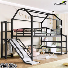 Full size house loft bed with slide and stairs for kids bedroom