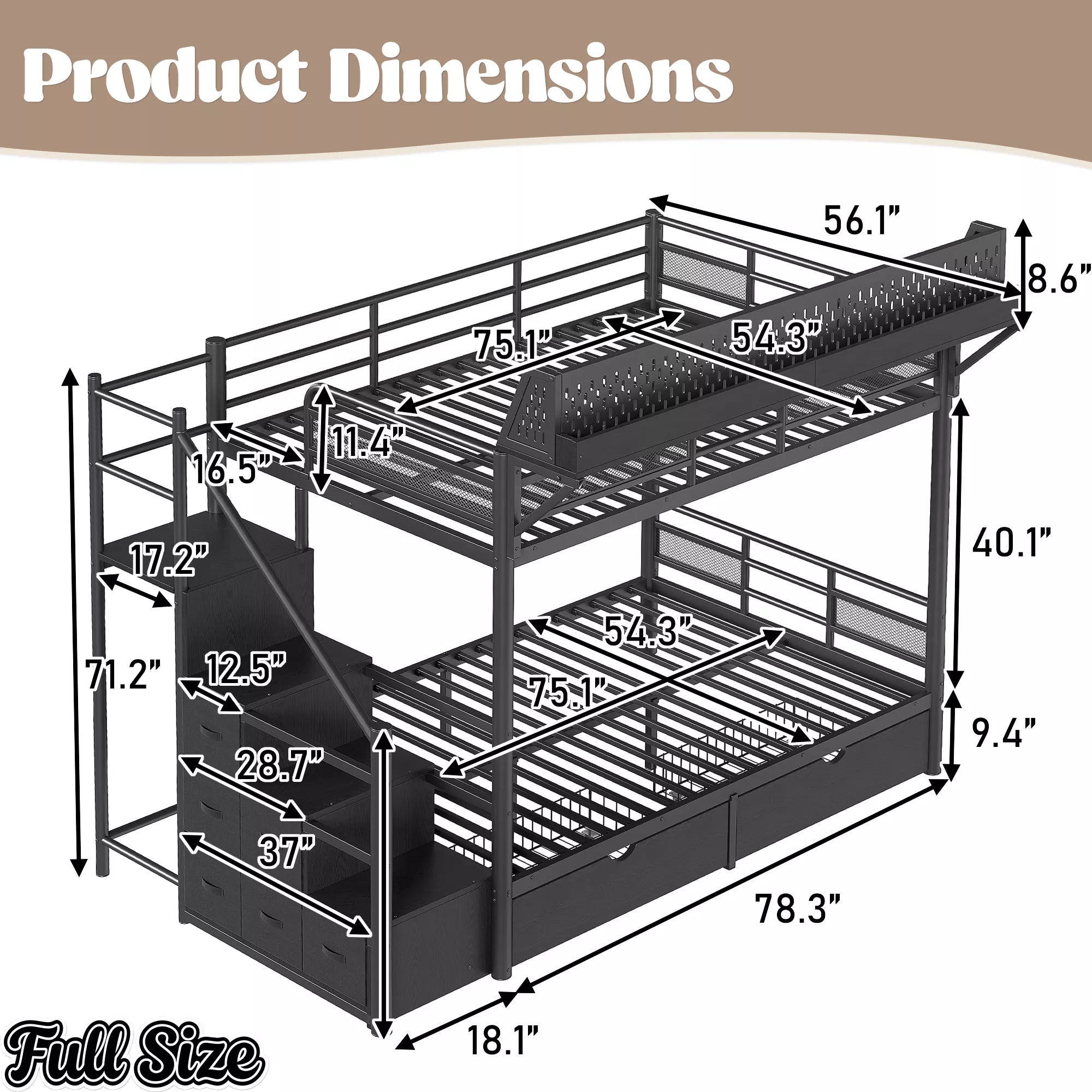 Full size black metal bunk bed product dimensions showing bed frame, staircase and storage layout