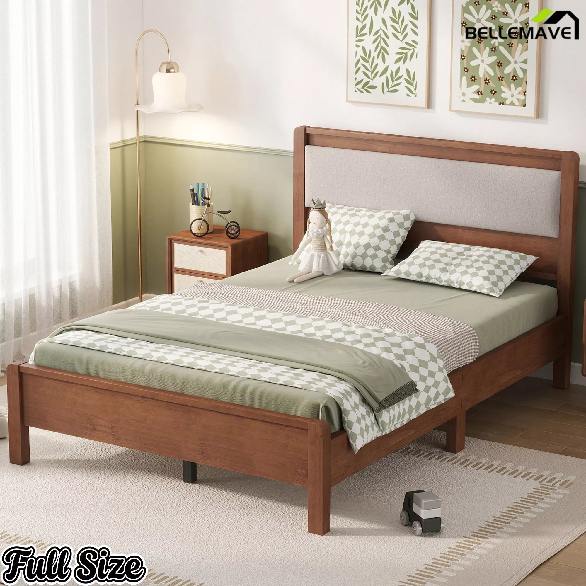 Brown Full wooden bed with upholstered headboard in a bedroom, three-quarter view