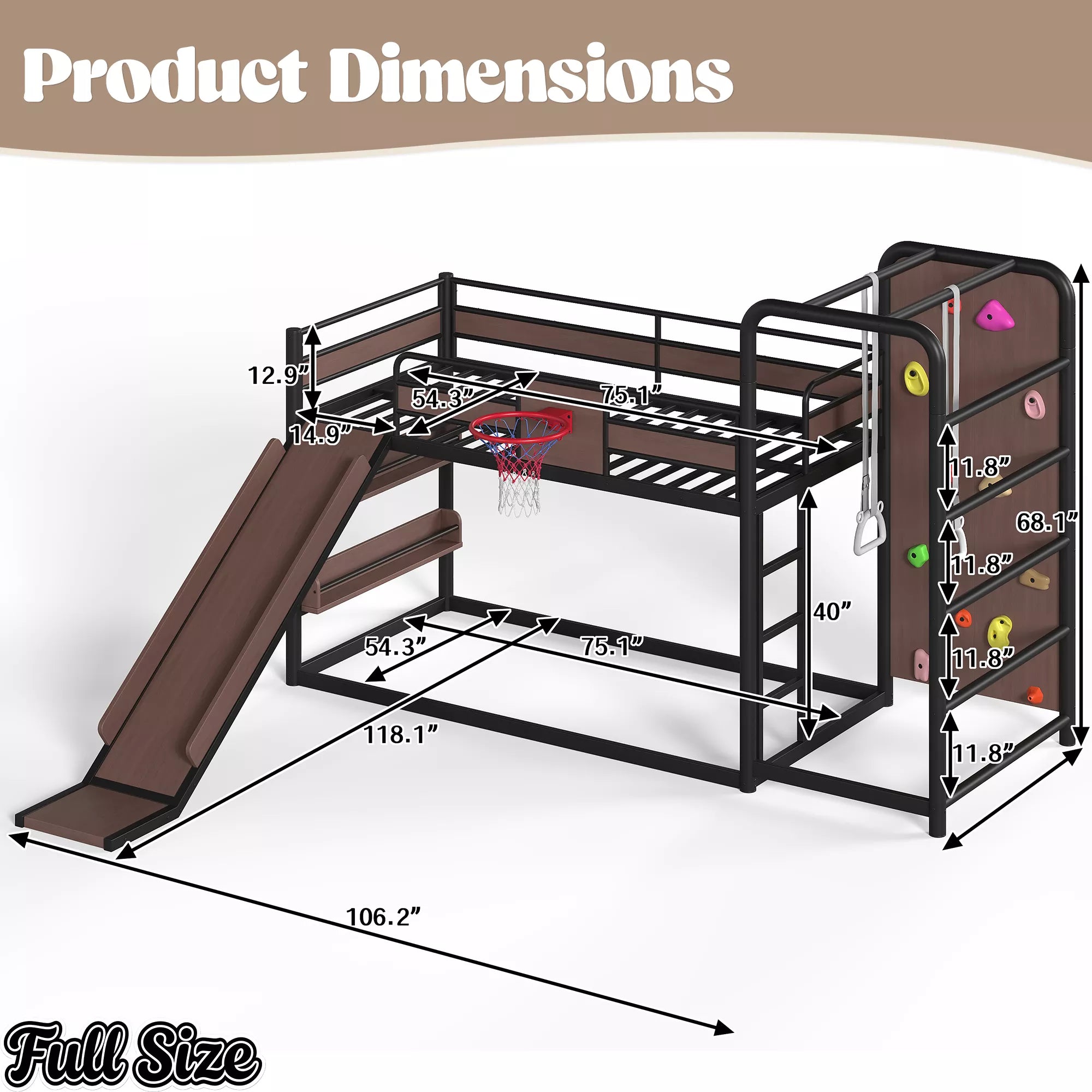 Full size metal loft bed with slide, climbing wall and basketball hoop for kids
