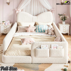 full size kids upholstered platform bed with bow shaped headboard