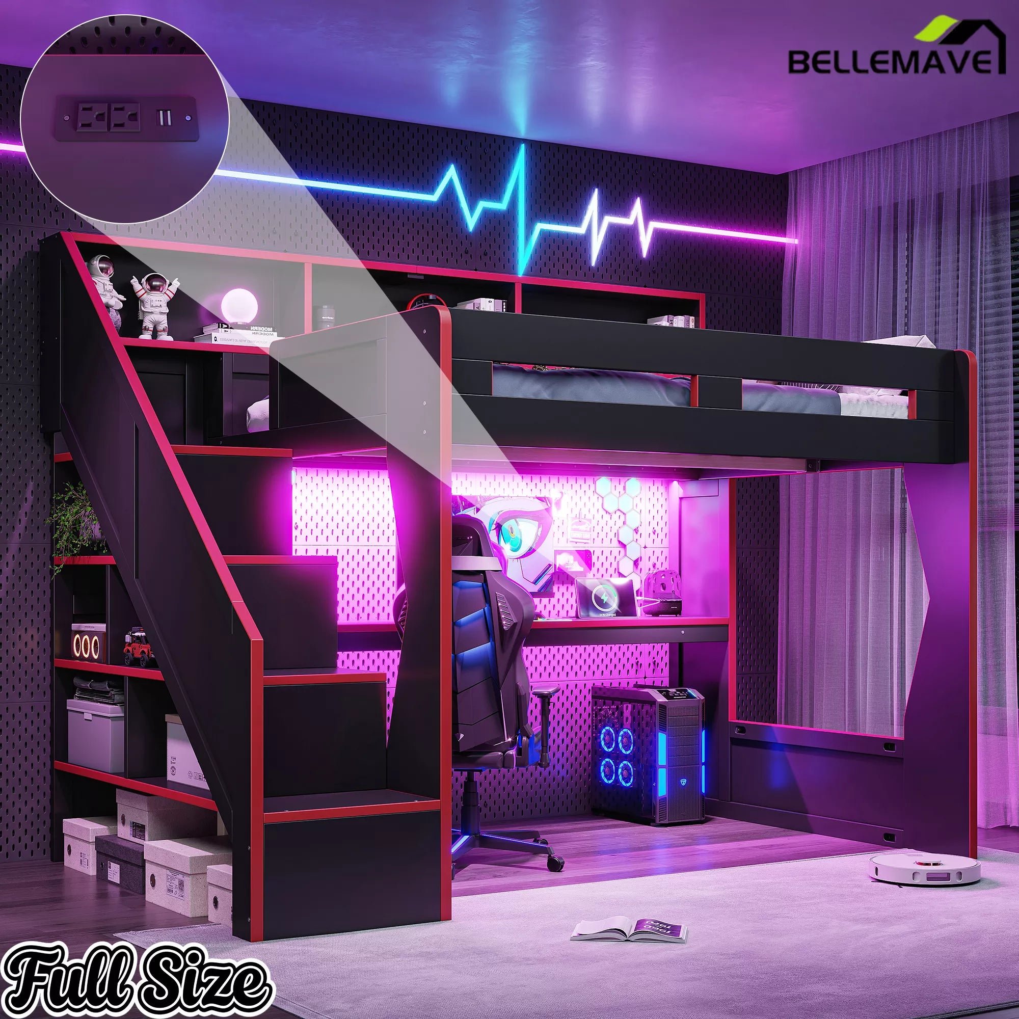 full size gaming loft bed with LED lights and desk