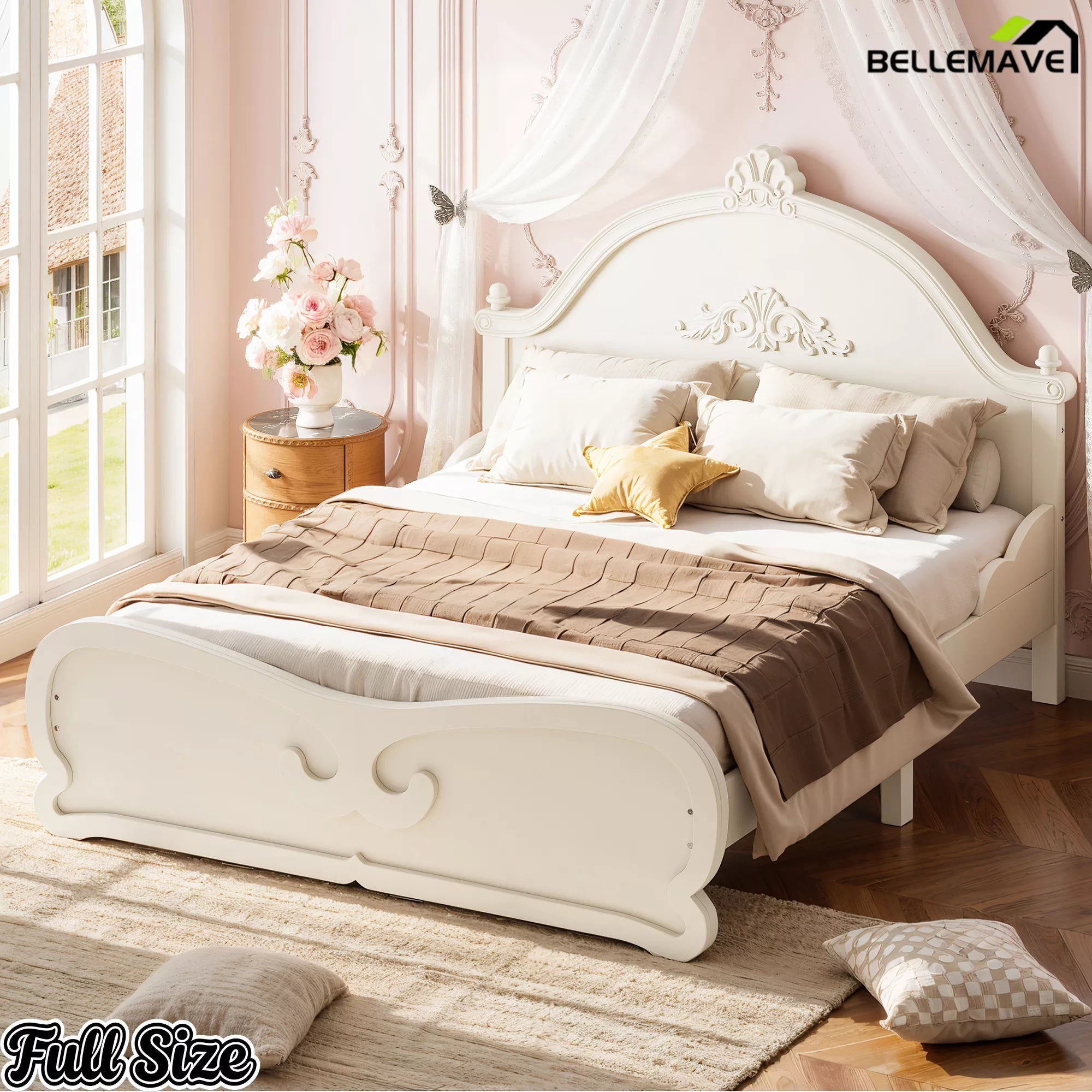 Full Size Vintage Carved Platform Bed in White Finish