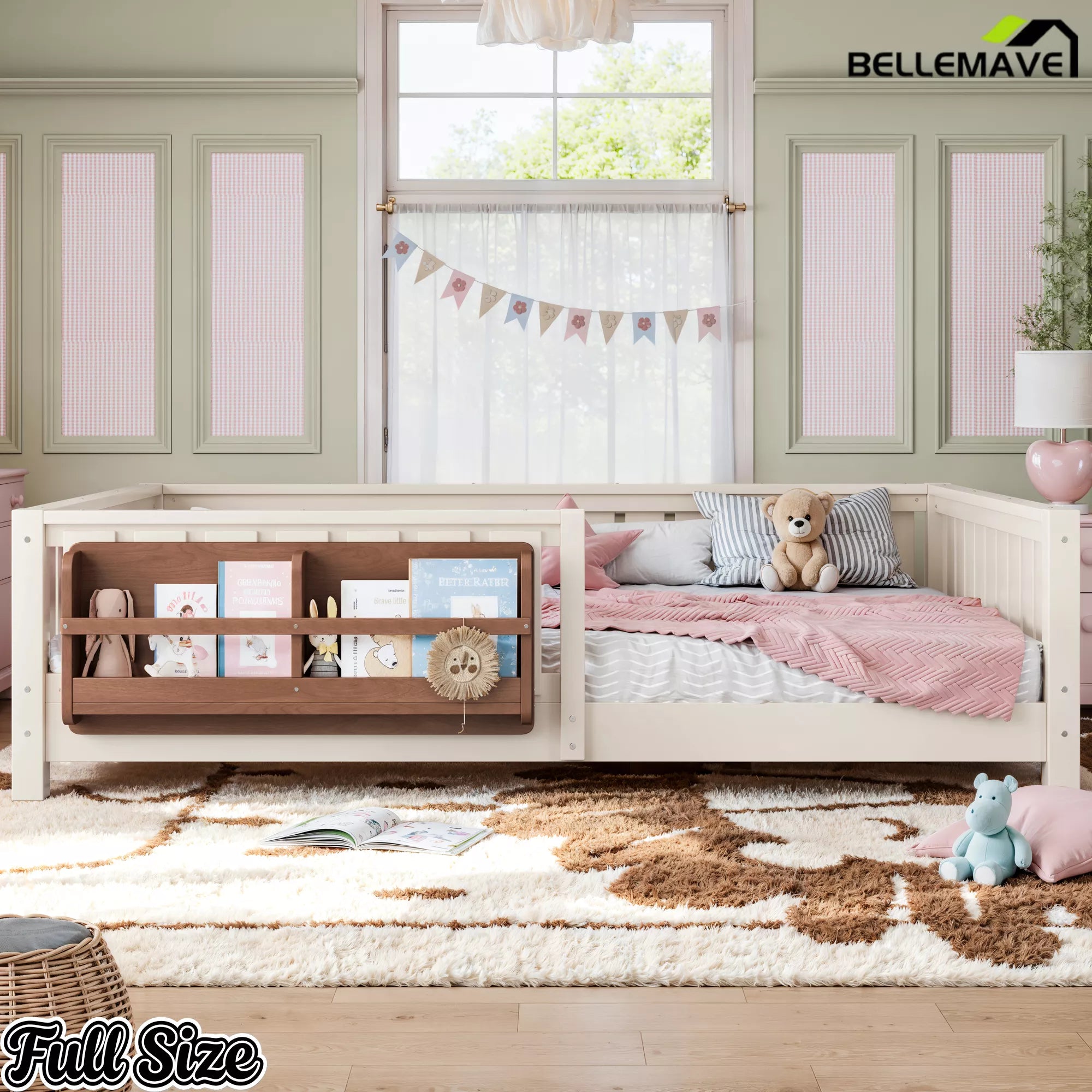 Full kids floor bed with built-in bookshelf and low profile design