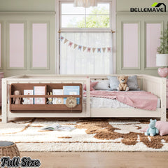 Full kids floor bed with built-in bookshelf and low profile design