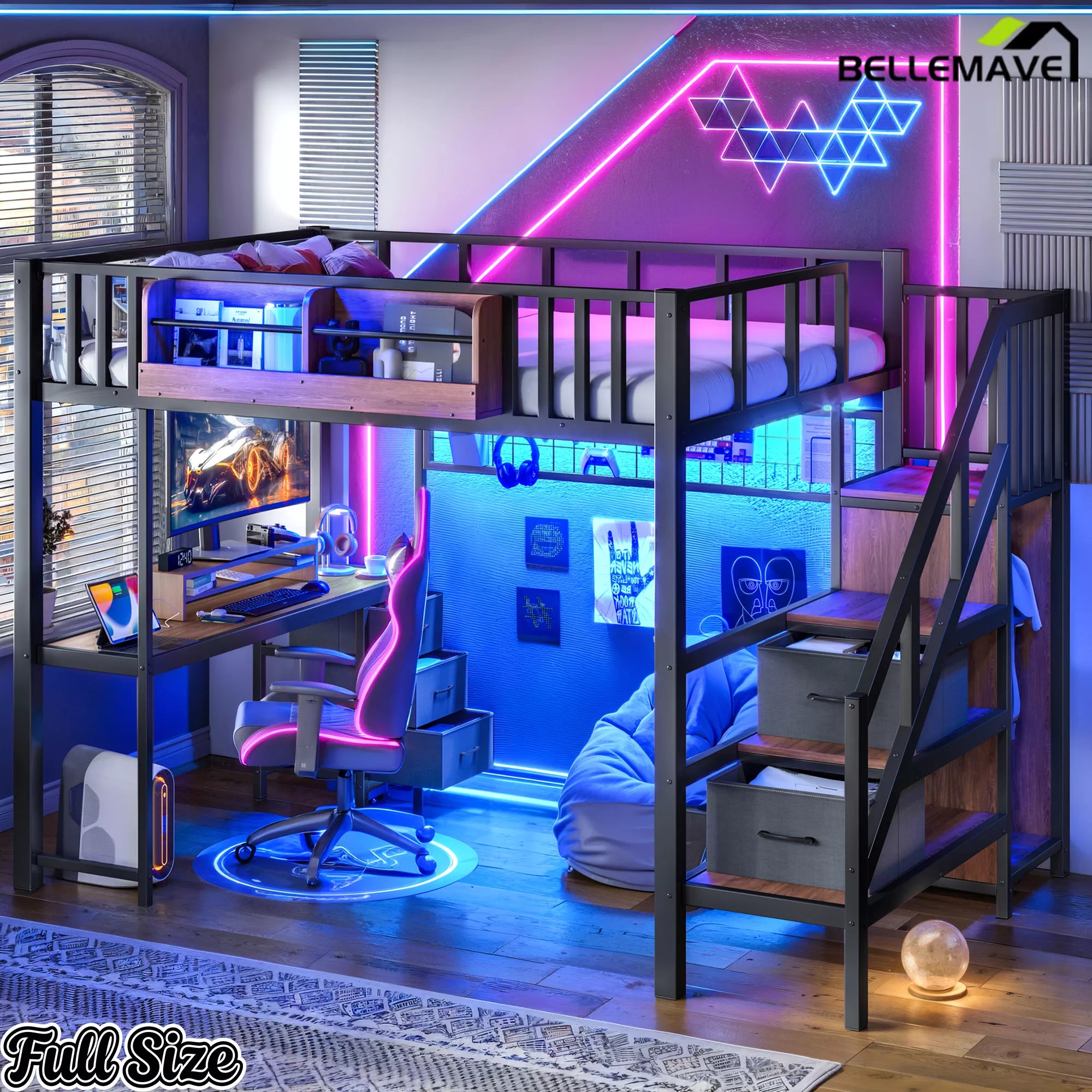 Black Full Size Loft Bed with LED Light and Desk