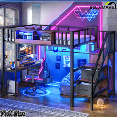 Black Full Size Loft Bed with LED Light and Desk