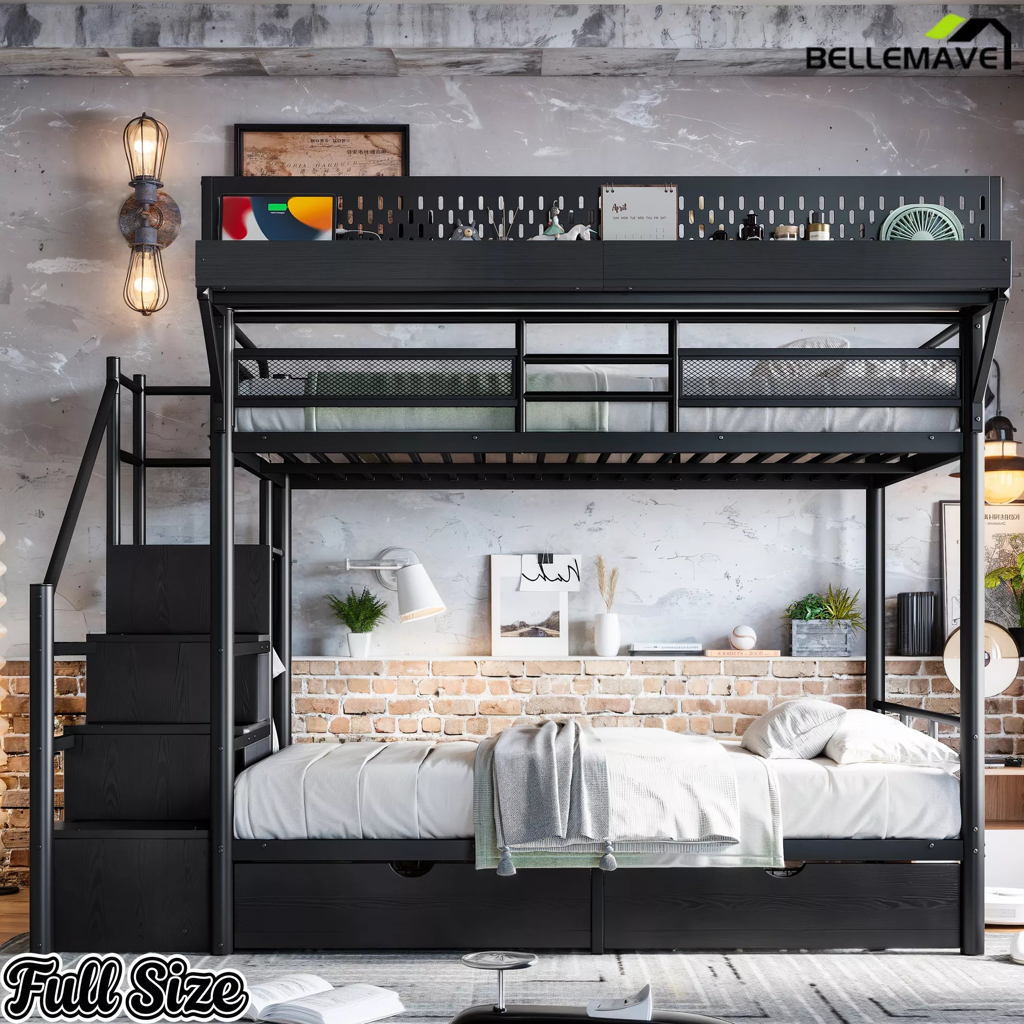Full size black metal bunk bed with LED-lit upper storage rack and staircase cabinets in a bedroom
