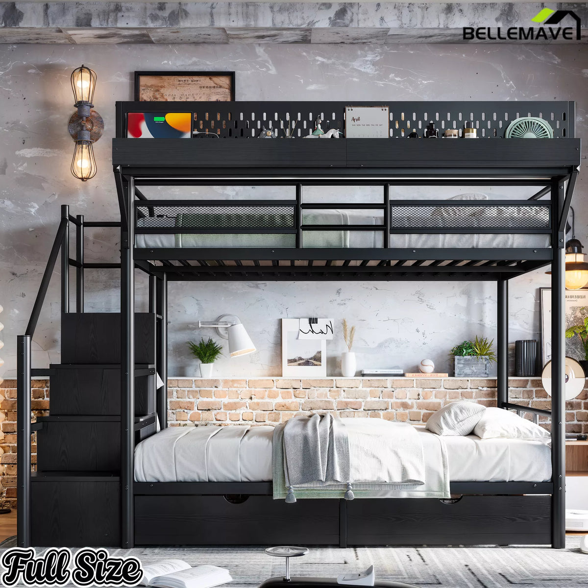 Full size black metal bunk bed with LED-lit upper storage rack and staircase cabinets in a bedroom
