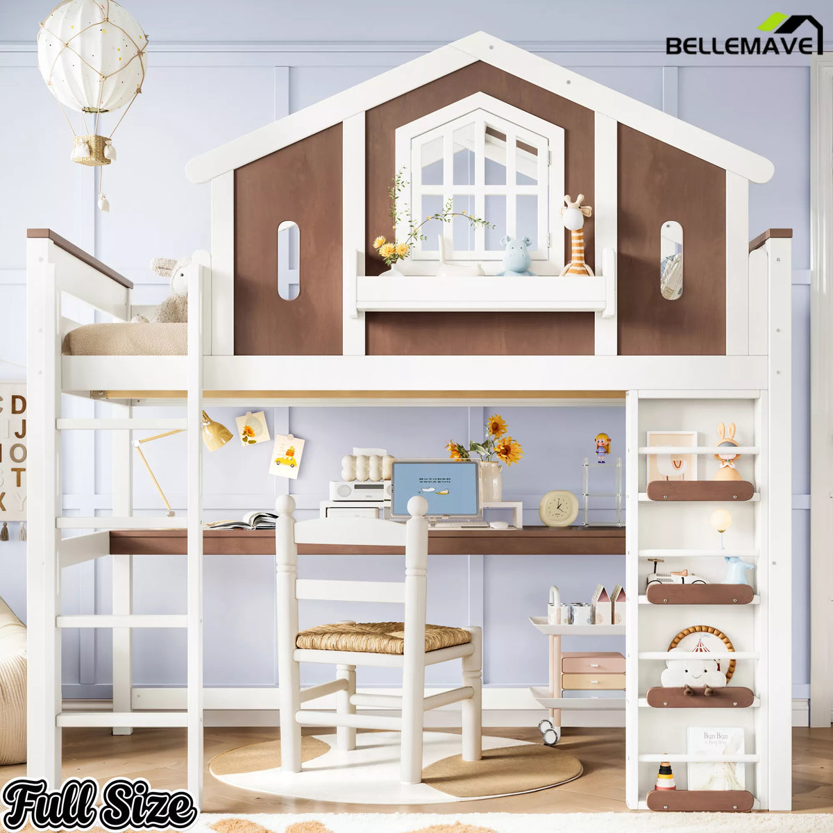 Full Size house-shaped loft bed with built-in desk and staircase in a staged bedroom
