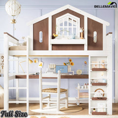 Full Size house-shaped loft bed with built-in desk and staircase in a staged bedroom