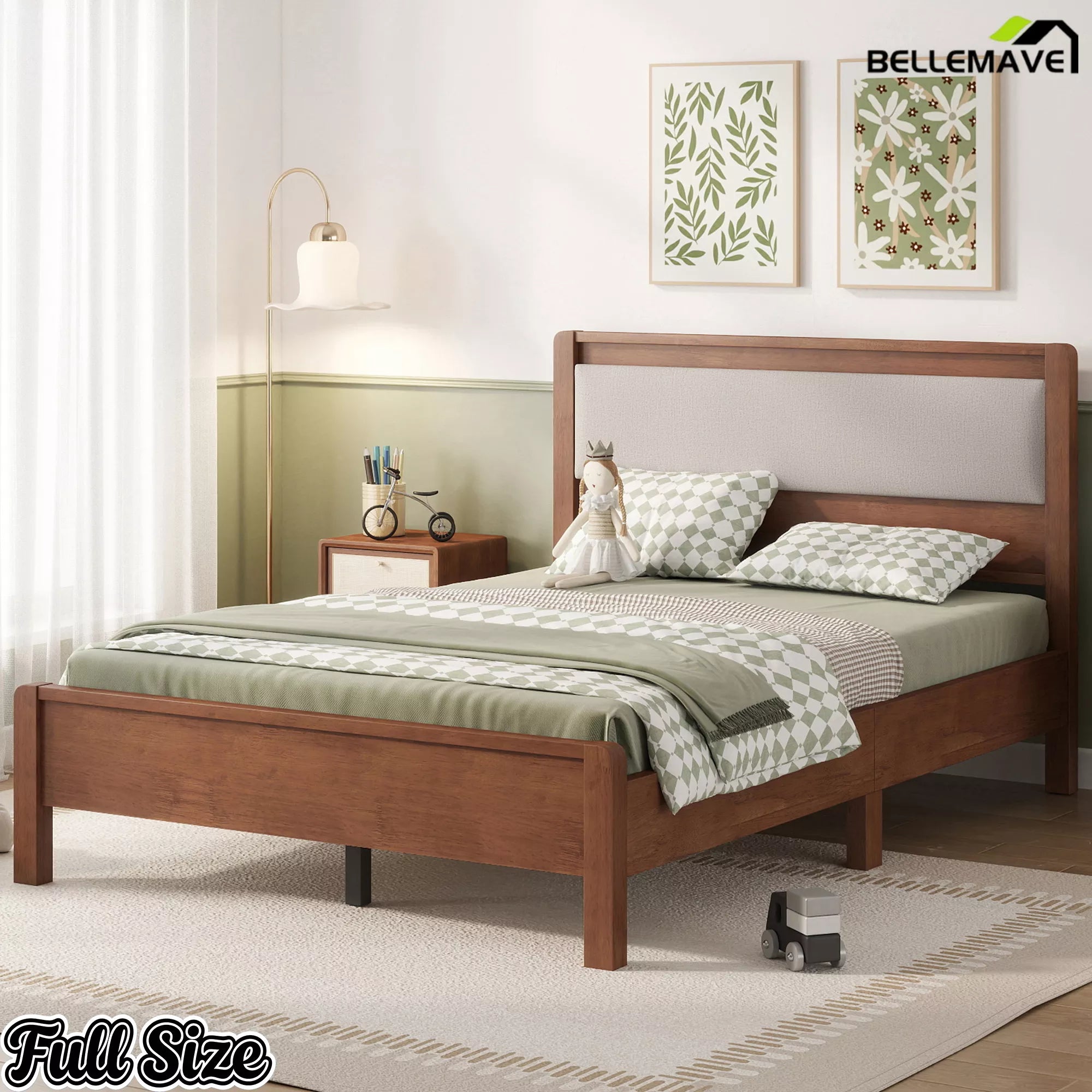 Brown Full bed frame with padded headboard and matching wooden side rails