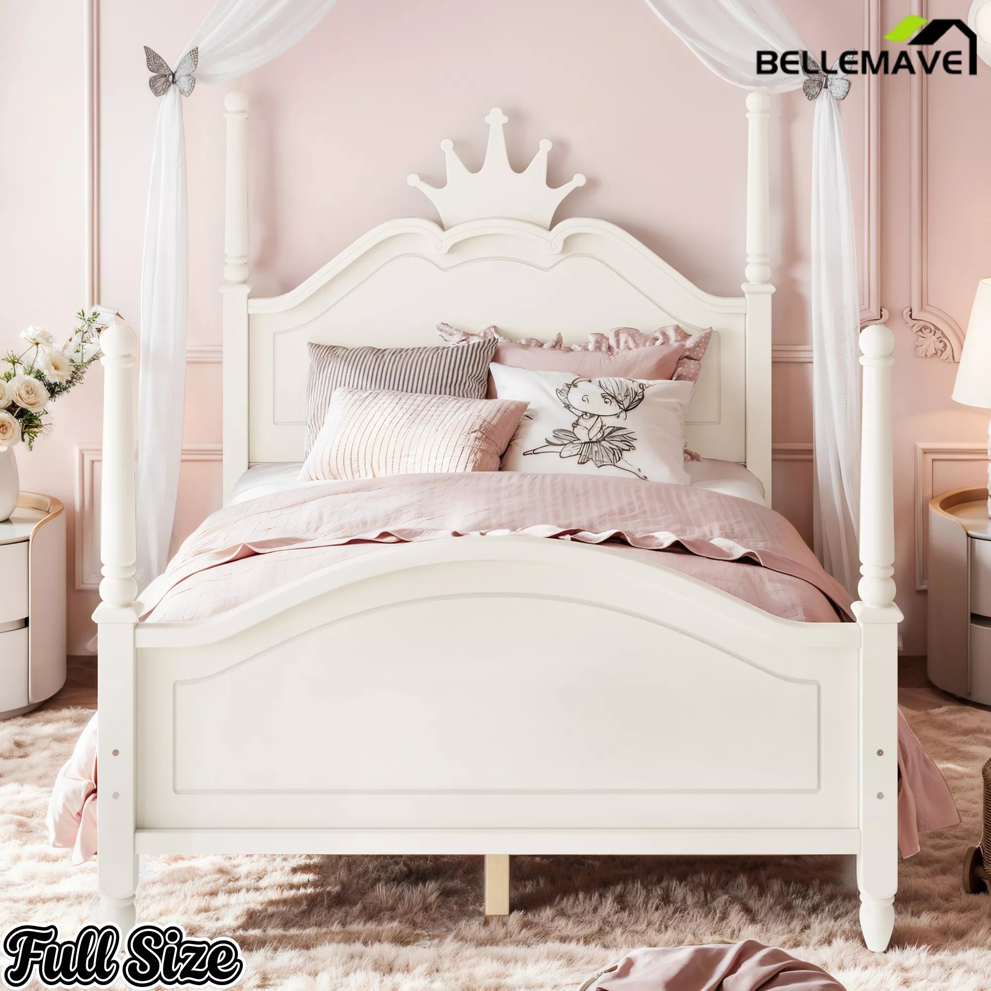 Front view of white four poster platform bed