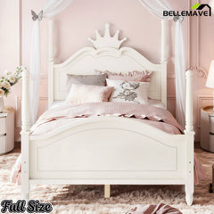Front view of white four poster platform bed