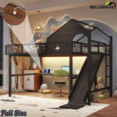 Full size loft bed with desk slide and shelves