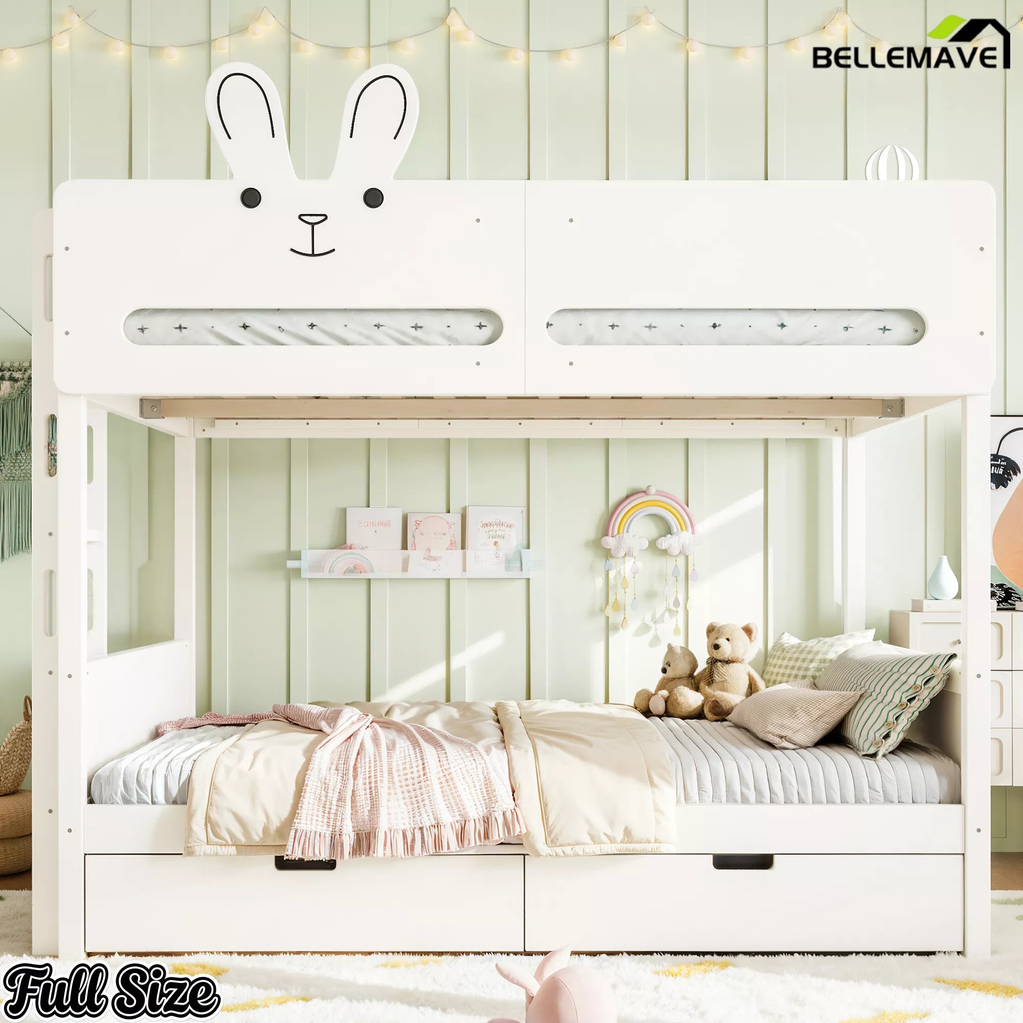 Full-size white rabbit design bunk bed with two storage drawers, front angled view