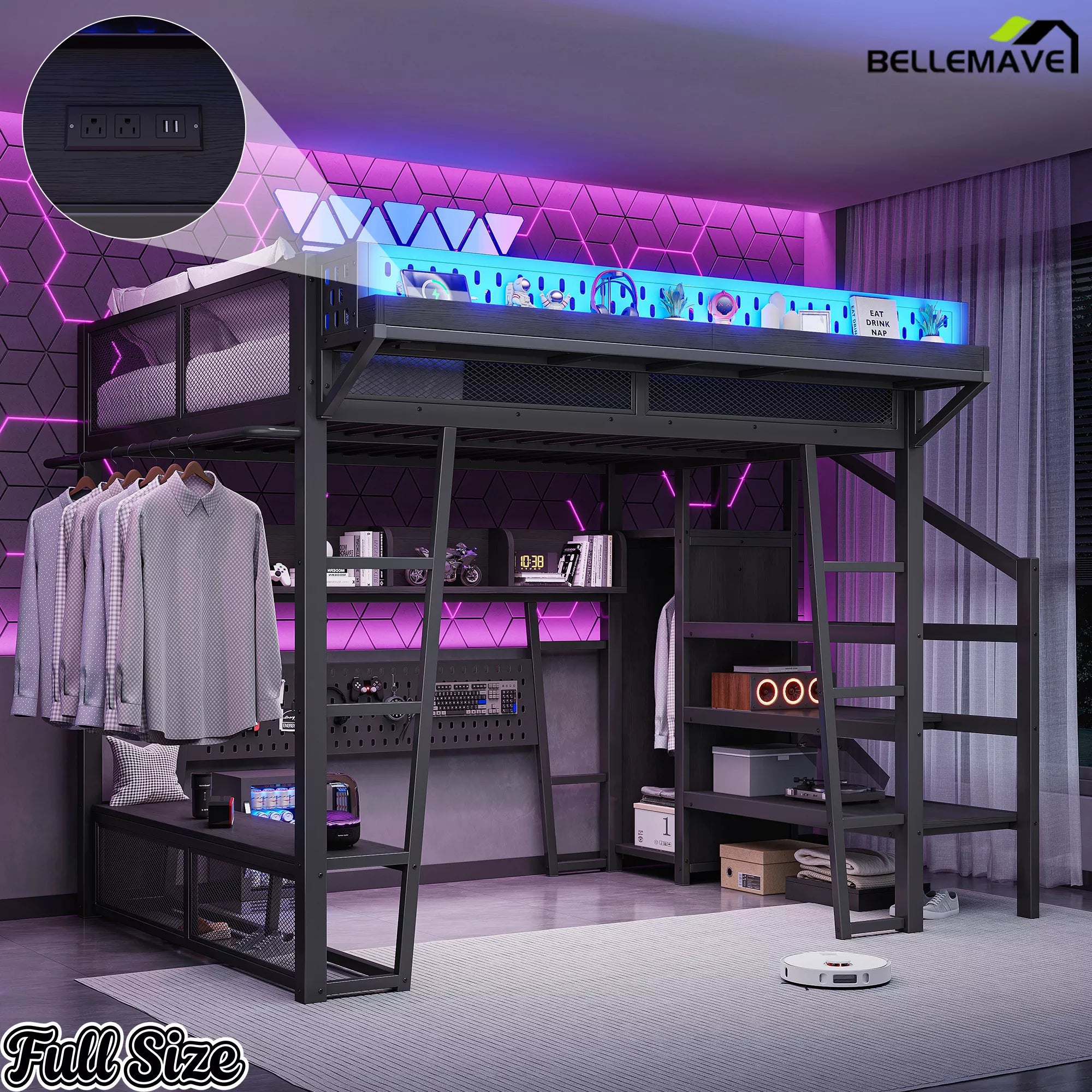 Full gaming loft bed with wardrobe storage and LED lights