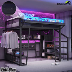 Full gaming loft bed with wardrobe storage and LED lights