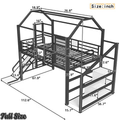 Full metal loft bed with house roof design and storage shelves