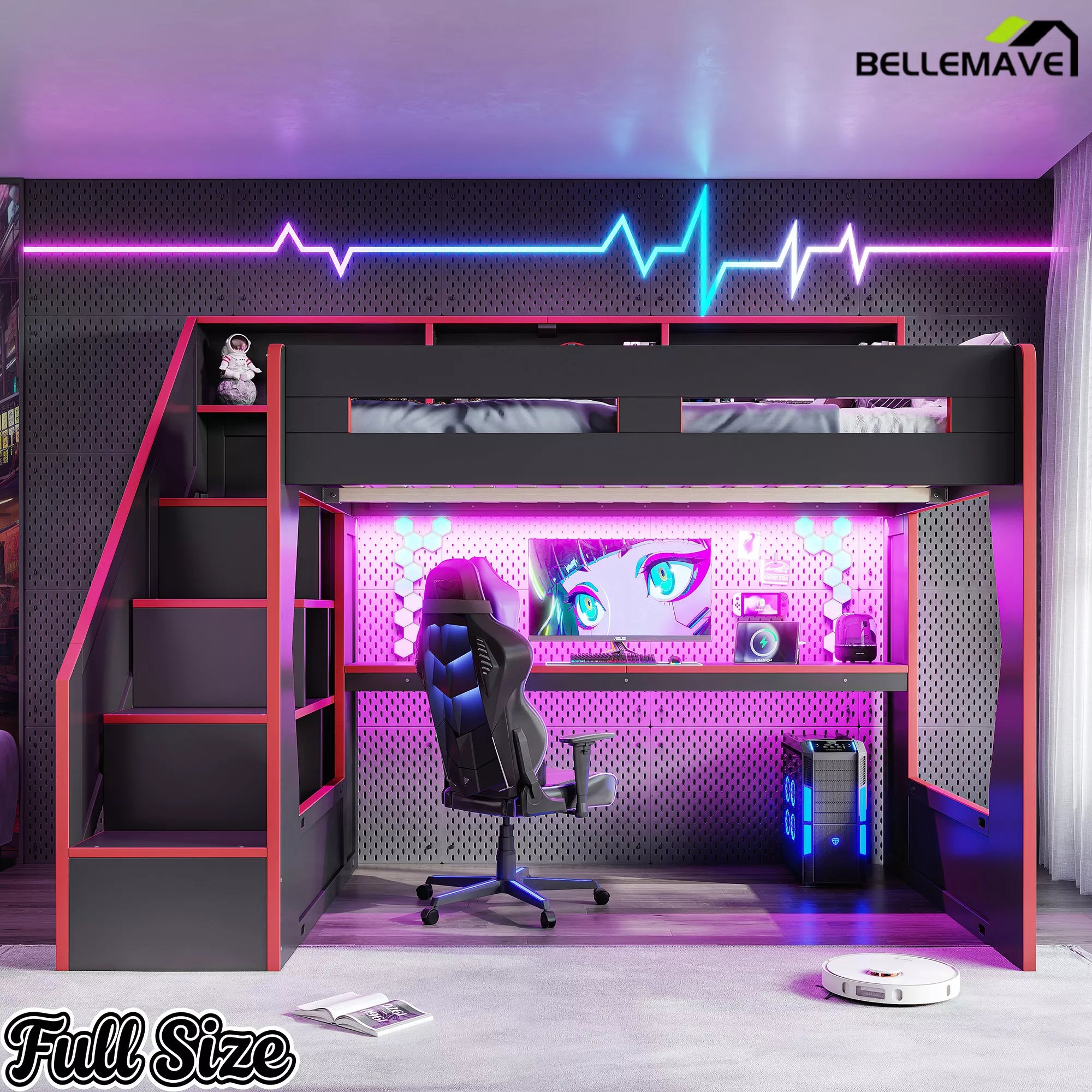 full size loft bed gaming workstation setup