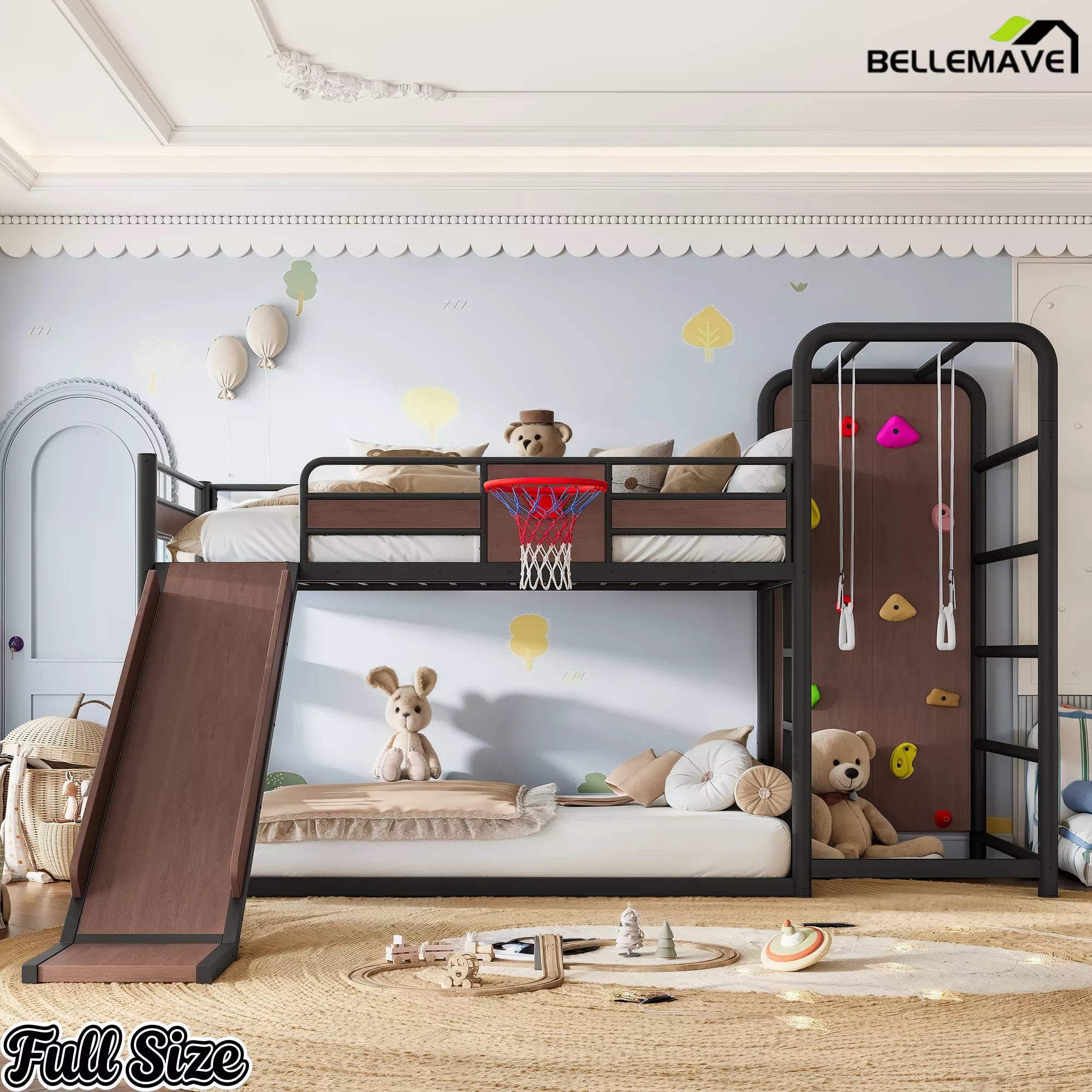 Full size kids loft bed with sports features and built-in play space