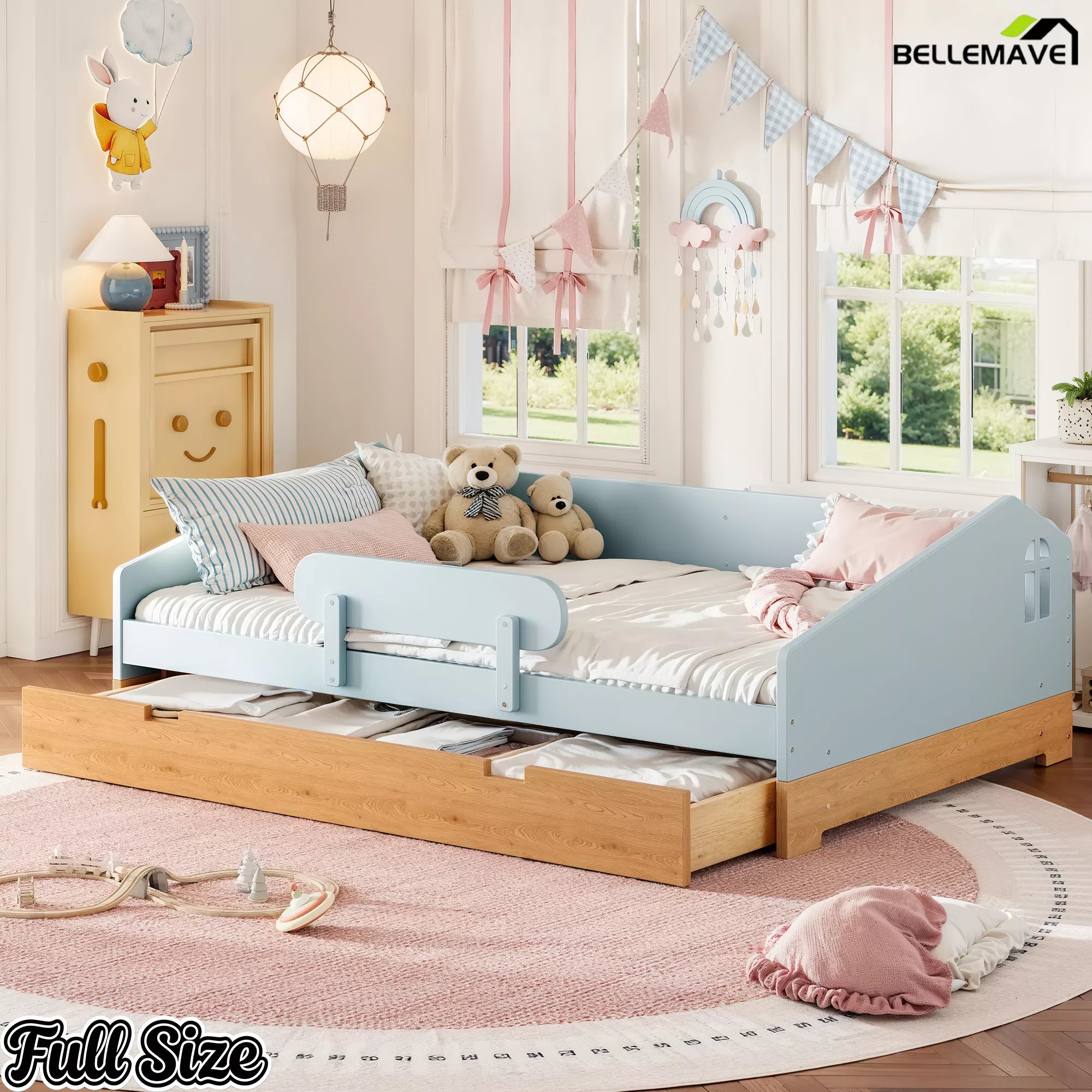 Blue wood floor bed frame with storage drawer