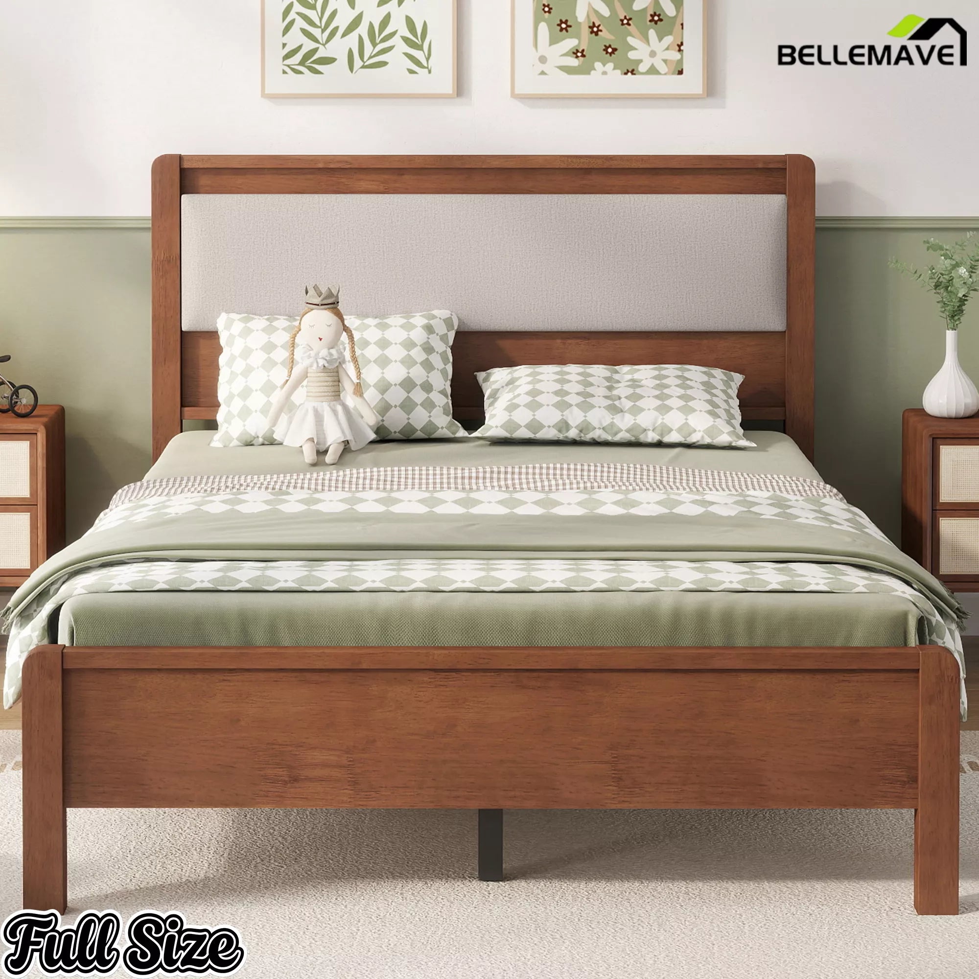 Front view of the brown Full bed showing the upholstered headboard and wooden footboard