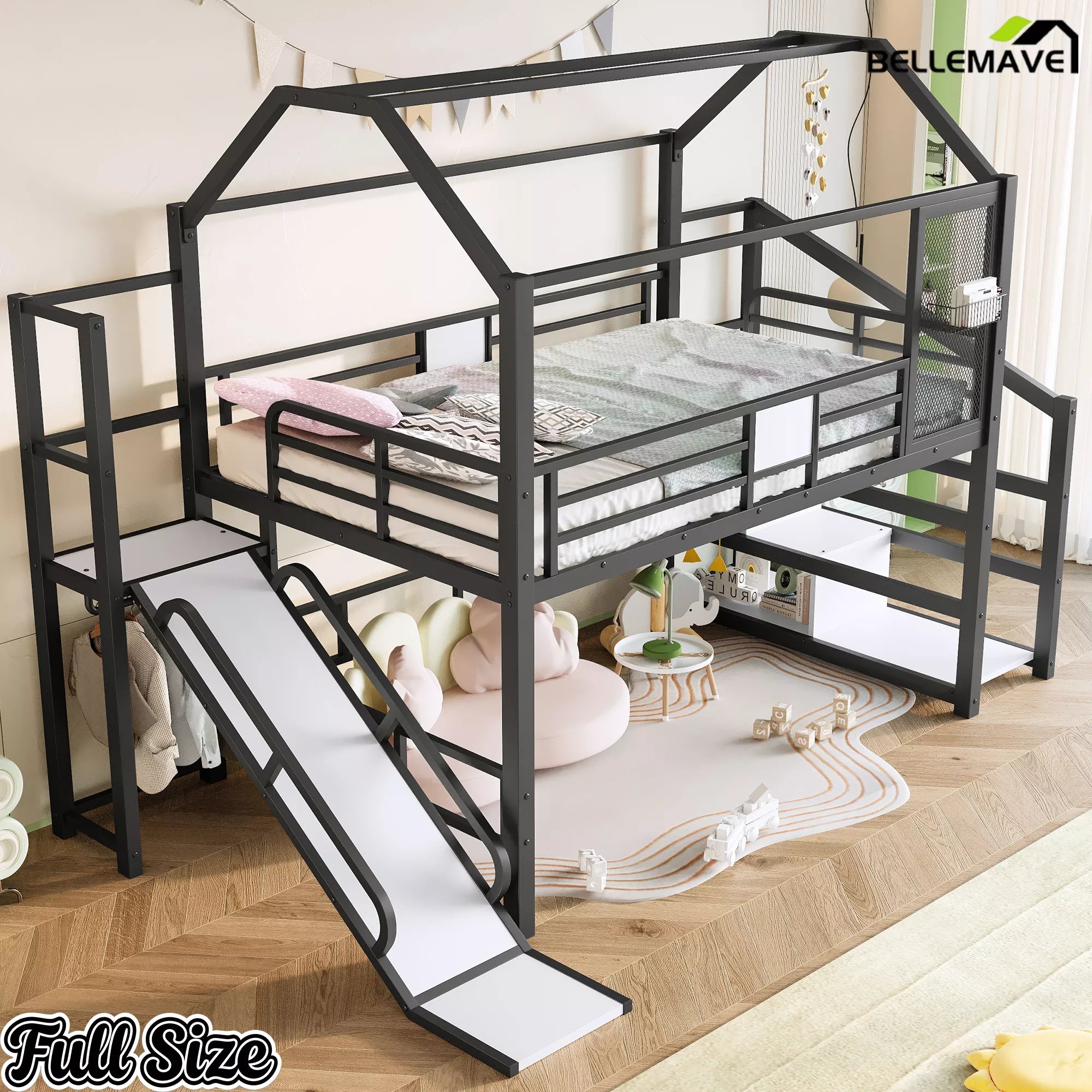 Full house loft bed with slide and space saving kids design