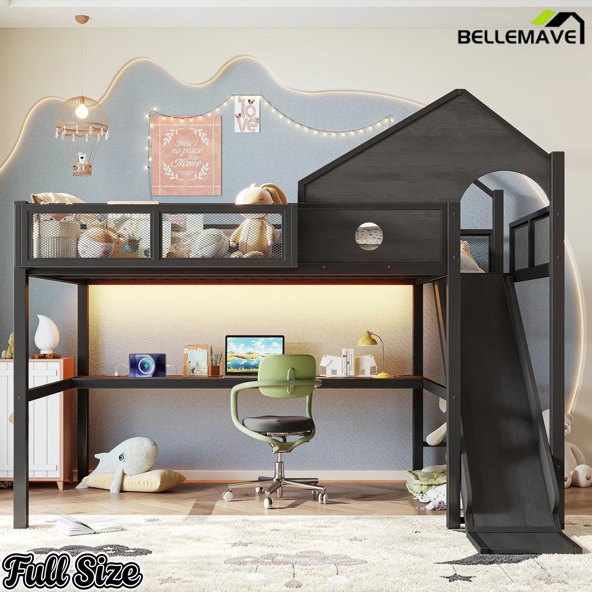 Full loft bed with LED lights and workstation