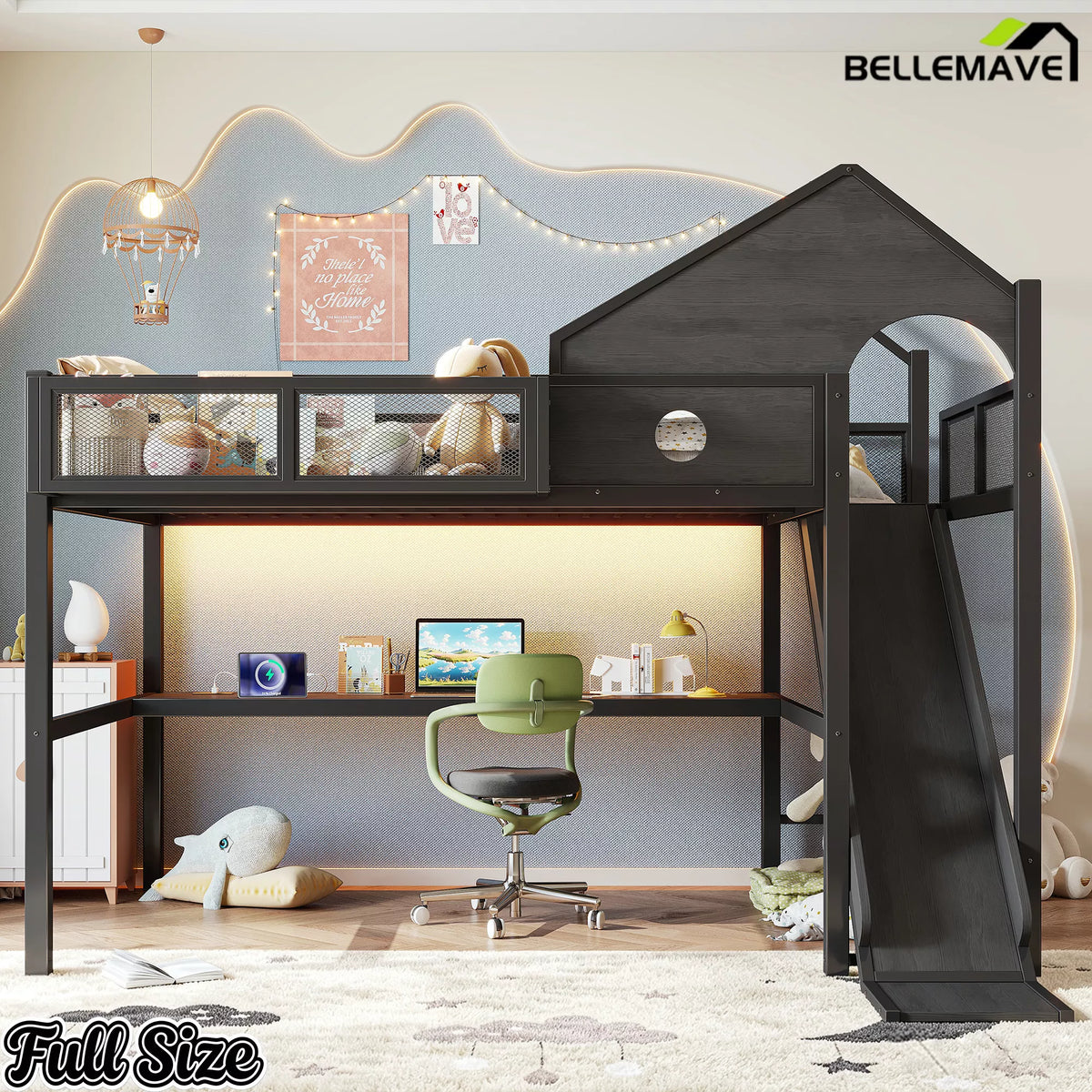 Full loft bed with LED lights and workstation