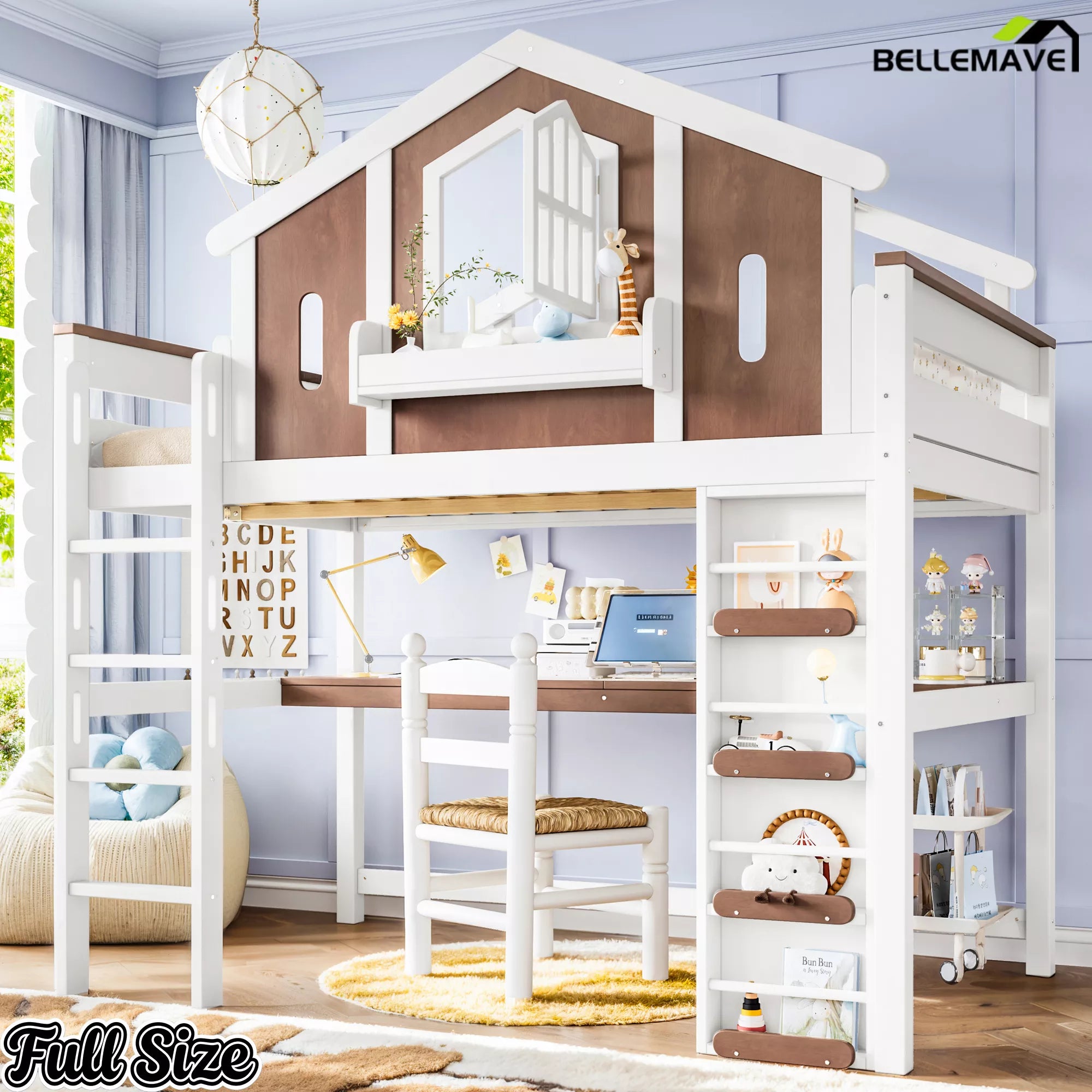 Kids playhouse loft bed with integrated workstation and open shelving