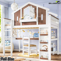 Kids playhouse loft bed with integrated workstation and open shelving