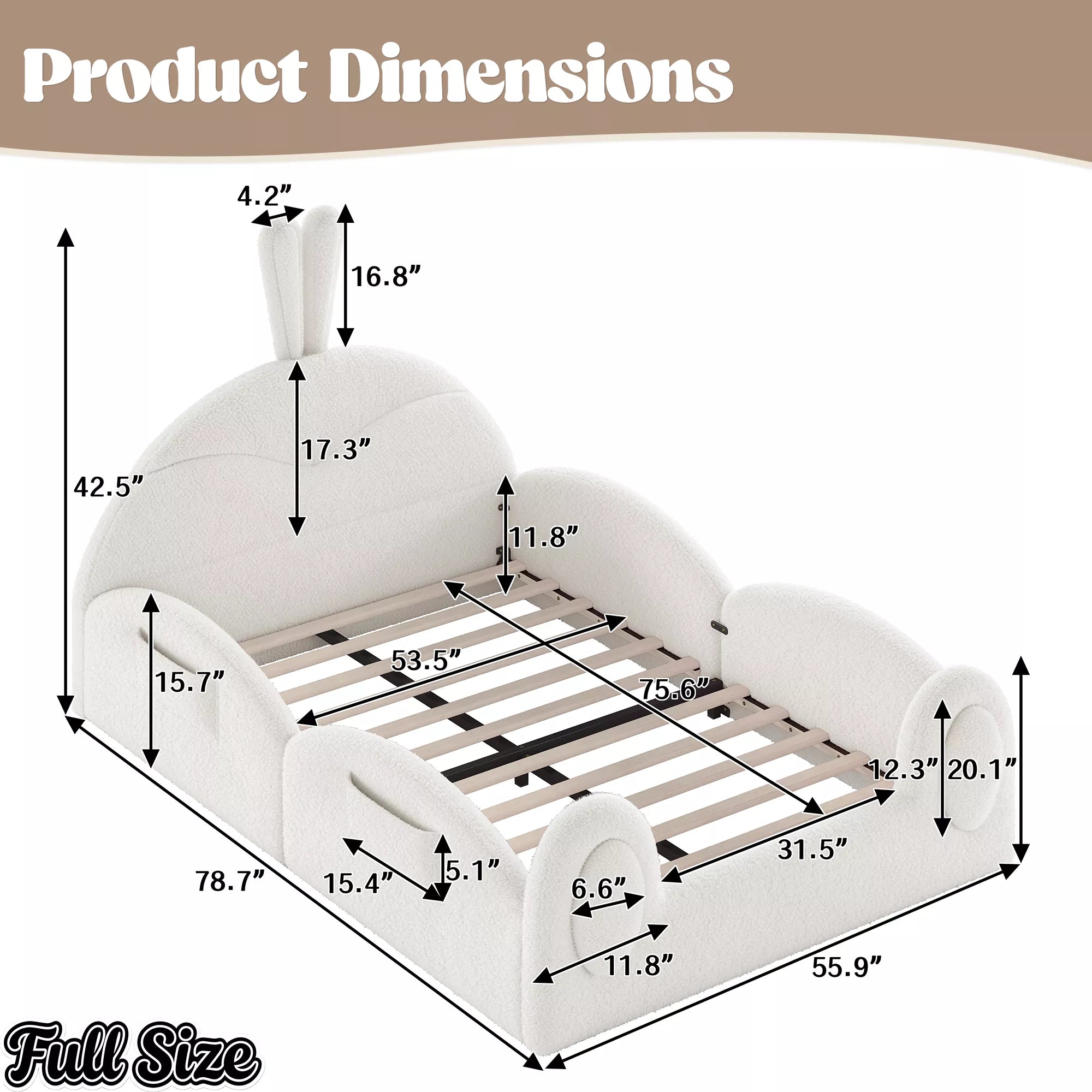 Full size kids floor bed product dimensions with rabbit headboard