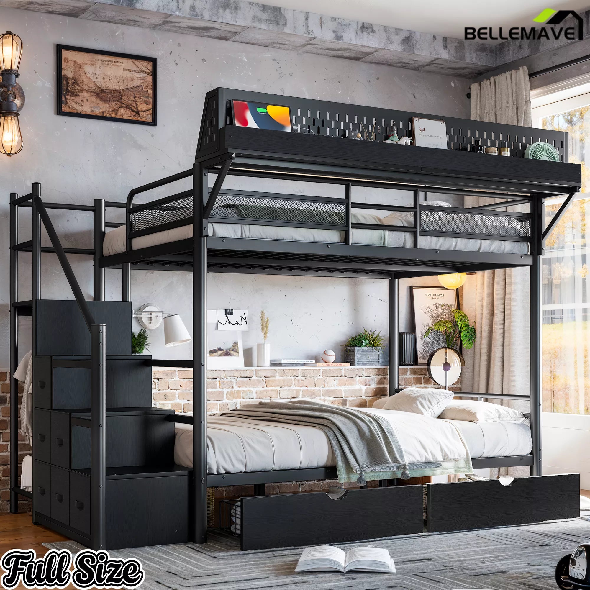 Full size black metal bunk bed with upper storage rack, staircase cabinets and lower fabric drawers