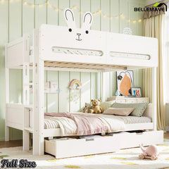 Full-size white kids bunk bed with rabbit headboard and bottom storage drawers