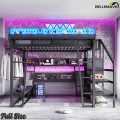 Full size metal gaming loft bed with storage staircase