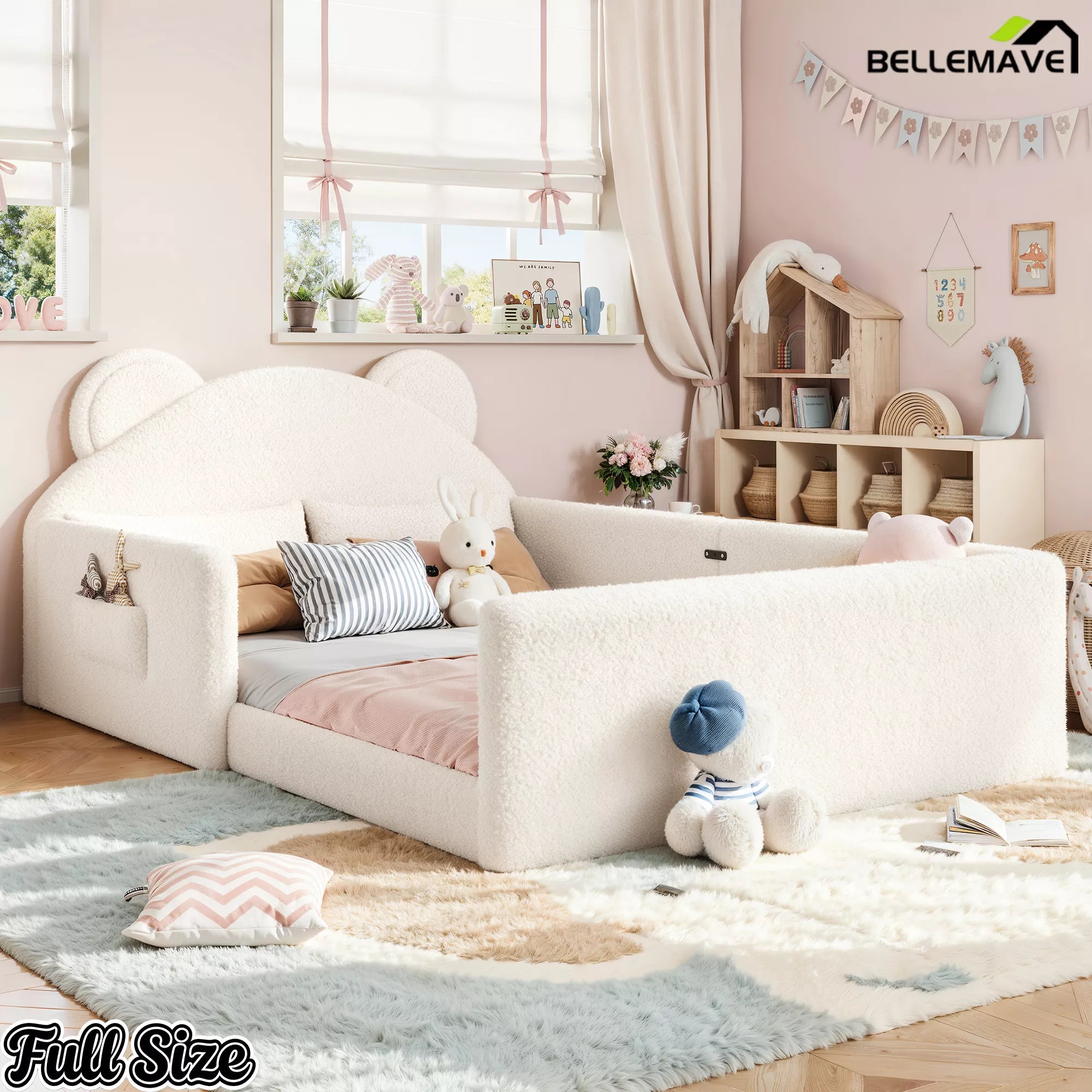 Full size upholstered kids floor bed with bear headboard