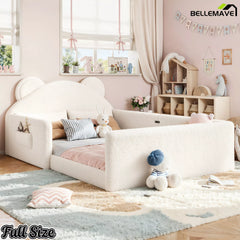Full size upholstered kids floor bed with bear headboard