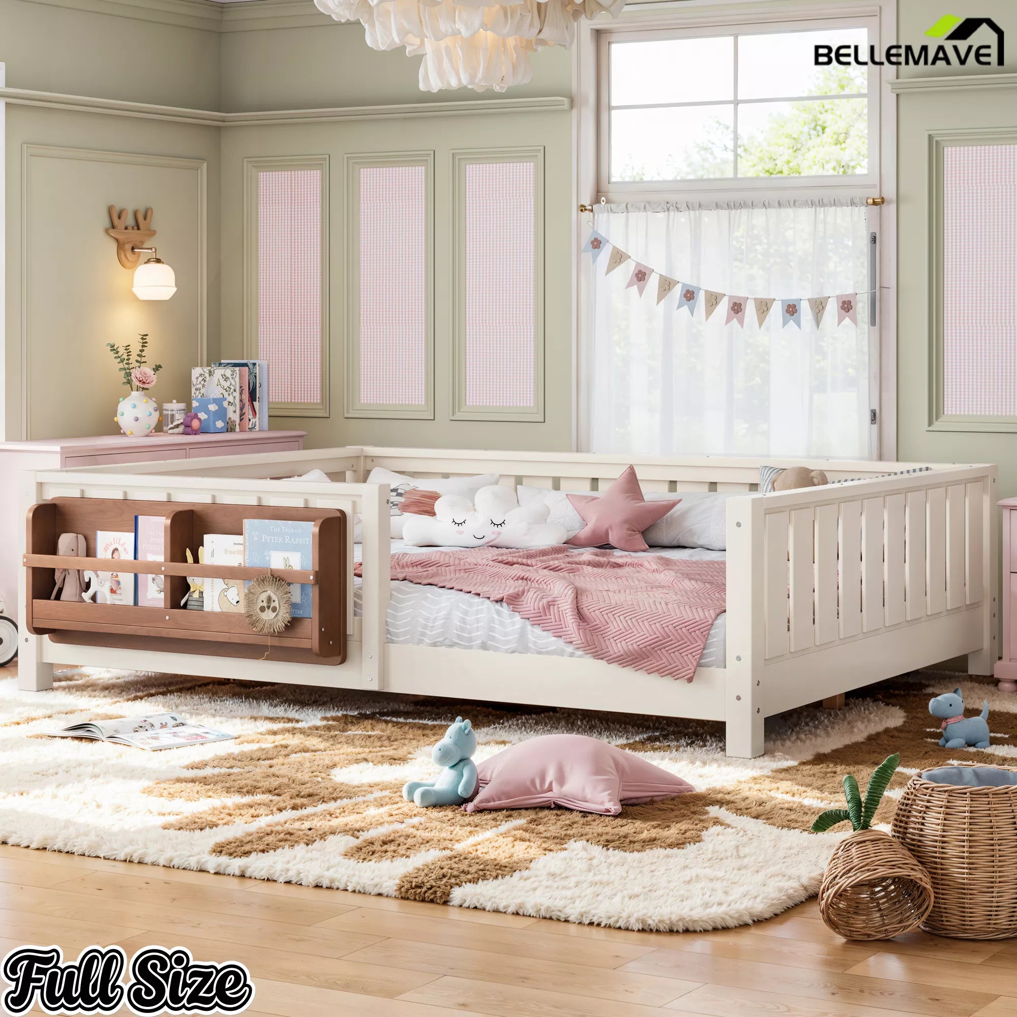 Brown Montessori floor bed with bookshelf and surrounding guardrails